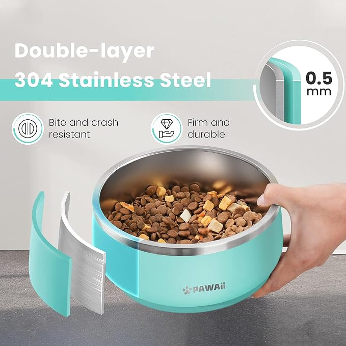 Pawaii Dog Bowl, 68 oz Stainless Steel Food and Water Bowl, ID Tag, 1 Pack | Double-Wall Design,Non-Slip Rubber Base,Dishwasher Safe,Smooth Open Design, Not a Slow Feeder,Easy-Rinse Interior
