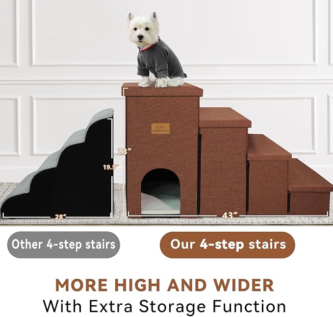 Zerbuger Dog Stairs with Storage, Brown 4 Steps Dog Ramp with Condo for Bed | 23" H Wider Dog Steps for High Beds Couch, Folding Storage Pet Stairs Gift for Climbing Small/Medium/Large Old Dogs Cats