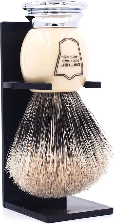 Parker Pure Badger Shaving Brush, Faux Ivory & Chrome, 22mm Knot | Rich Lather, Handcrafted Tool, Cream or Soap, Classic Wet Shaving, Iconic Brand. Includes Stand