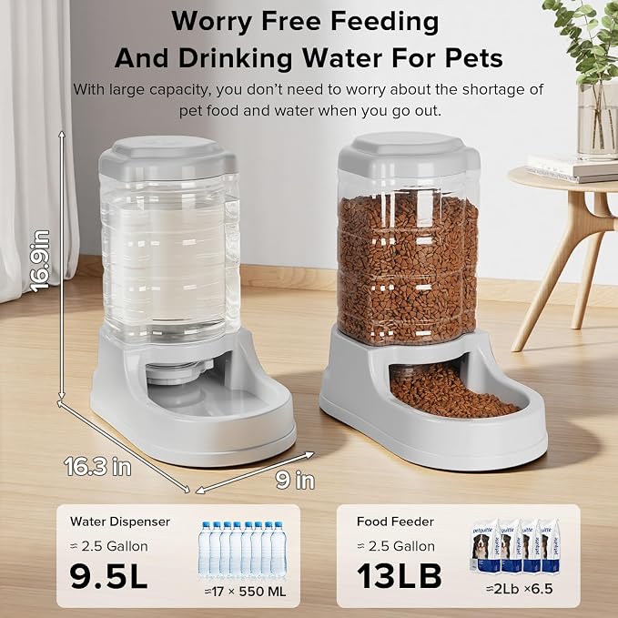 Kenond 9.5L Dog Feeder and Water Bowl Set for Dog, Automatic Food Dispenser | Wide Mouth, Easy to Clean/ Gravity Filled/ Large Capacity/ Multi Pet Home