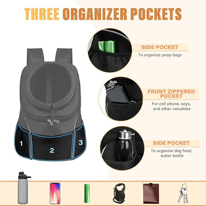 YUDODO Dog Front Carrier Backpack, Adjustable Breathable Dog Backpack | Ventilated, Safety Belt, Lightweight, Reflective Strip, Pocket Storage, For Walking Hiking Outdoor, Jet Black, L