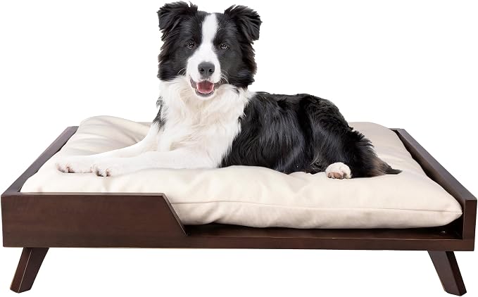 PETMAKER Indoor Elevated Dog Bed, Dark Brown, 36” x 29.5” | Medium Dog Bed with Solid Wood Frame and Soft Cushion, Mid-Century Modern Raised Pet Furniture for Medium to Large Pets