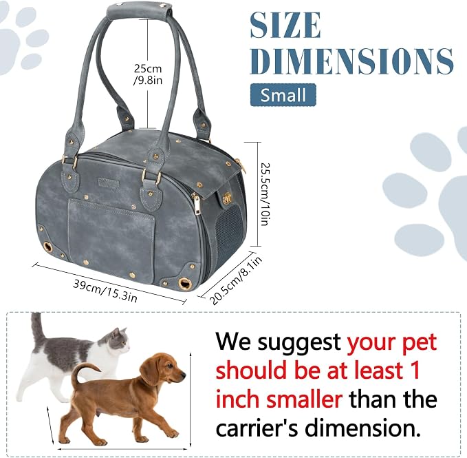 Dog Carrier Purse, Pet Bag Bling Waterproof Premium Leather Pet Travel Portable Bag for Cat and Small Dog Home & Outdoor Small Grey