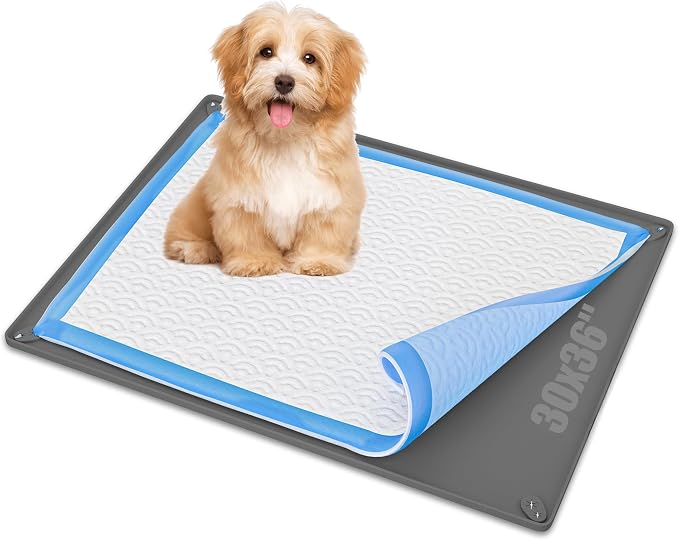 Dog Pee Pad Holder Tray Fits for 30” x 36” Pee Pads - 2 Pack - Grey | Corner Lock Holes, Raised Edges, Non-Spill, Easy to Clean Silicone Dog Potty Tray Holder, For Indoor Floor Protection