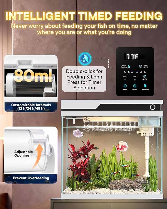 Vehipa Fish Tank, Smart Fish Aquarium Kit 7 Gallon with Auto Feeder, Humidifier, 4-in-1 Silent Pump, Adjustable Lighting & Temperature Display for Desktop, Office, Room