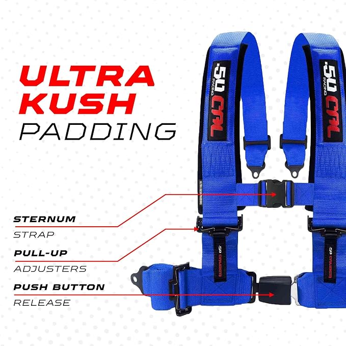 1pc 50 Cal Blue 4 Point Harness 3in Straps, Racing Harness Seat Belt | Ultra Kush padding, Push Button quick release hardware. Universal Fit for UTV, RZR, race car.