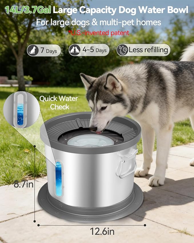 UPSKY 14L No Spill Dog Water Bowl, Spill Proof Slow Drinking for Large Dogs | Extra-large Capacity, 304 Stainless Steel, Dual-suction Anti-slip Base, Floating Disk, Water Window, For Messy Drinkers, Grey