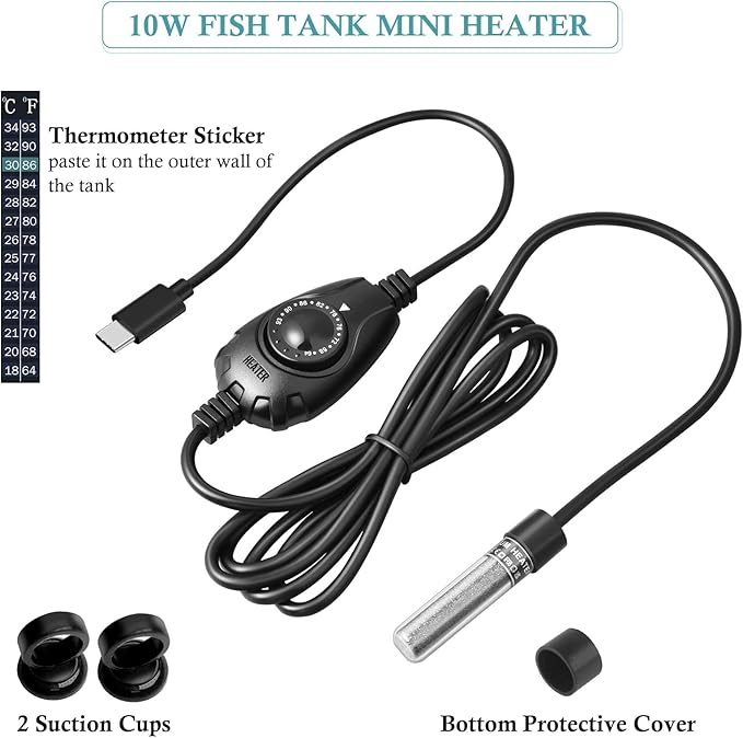 FEDOUR Mini Type-C Aquarium Heater, Small Adjustable Heater with External Controller for up to 2.5Gallon Small Fish Tank, Nano Fish Tank Heater, Betta Heater for Fish Bowls