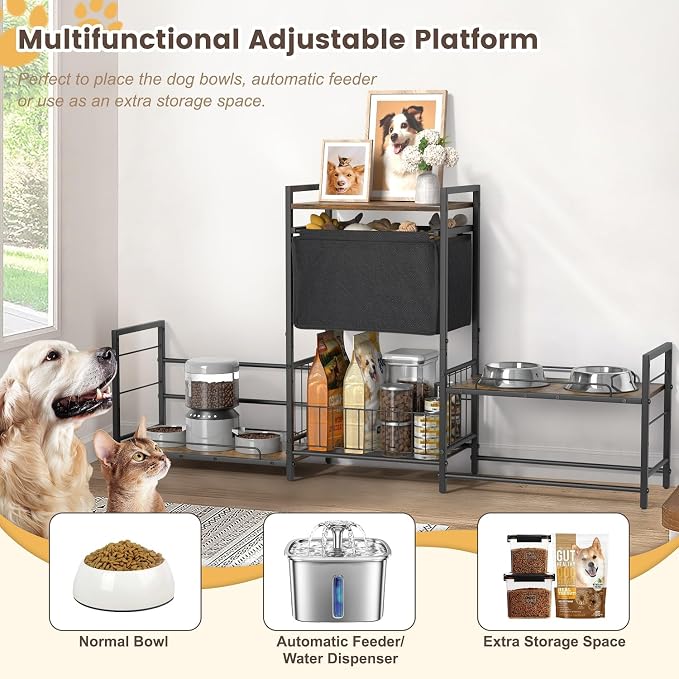 Lomivra Dog Feeding Station with 2 Elevated Bowl Stands & Large Storage | For 2-3 Dogs, 4 Adjustable Bowl Heights, Fit Large Medium Small Dogs, Fit All Bowl Types, Pull-Out Toy Bin, Dog Food Storage