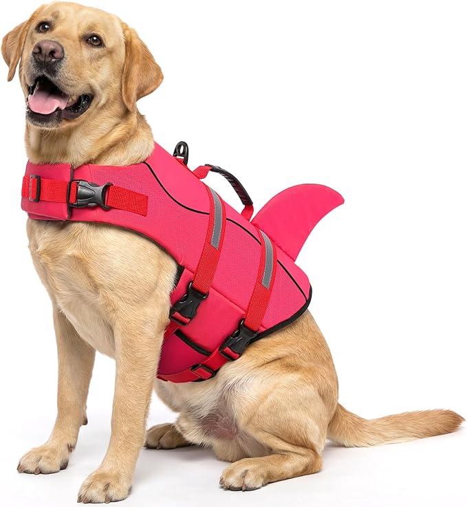 Dog Life Jacket High Flotation, Reflective Dog Life Vest for Swimming, Adjustable Dogs Life Preserver Rescue Handle Spring Summer Pool for Small, Medium, Large Dogs (Rosepink,L)
