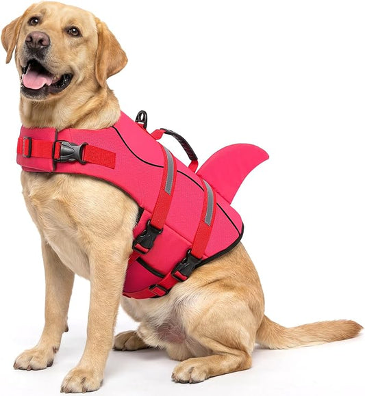 Dog Life Jacket High Flotation, Reflective Dog Life Vest for Swimming, Adjustable Dogs Life Preserver Rescue Handle Spring Summer Pool for Small, Medium, Large Dogs (Rosepink,L)