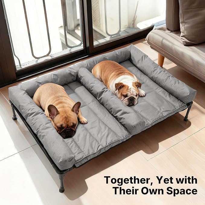 Veehoo Elevated Dog Bed for 2 Dogs, Cooling Raised Dog Bed with Bolster Mat | Outdoor Double Dog Bed with Removable Waterproof Cushion, Breathable Mesh, Non-Slip Feet for Outdoor & Indoor, 53", Grey