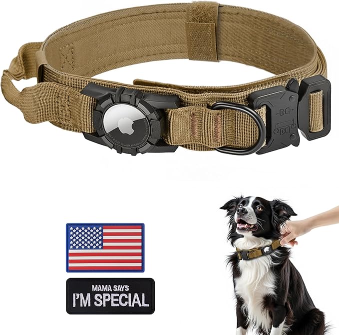 Tactical AirTag Dog Collar - Heavy Duty, Adjustable GPS Collar Compatible with Apple AirTag, with Holder & Control Handle for Medium/Large Dogs [ Brown, XL ]