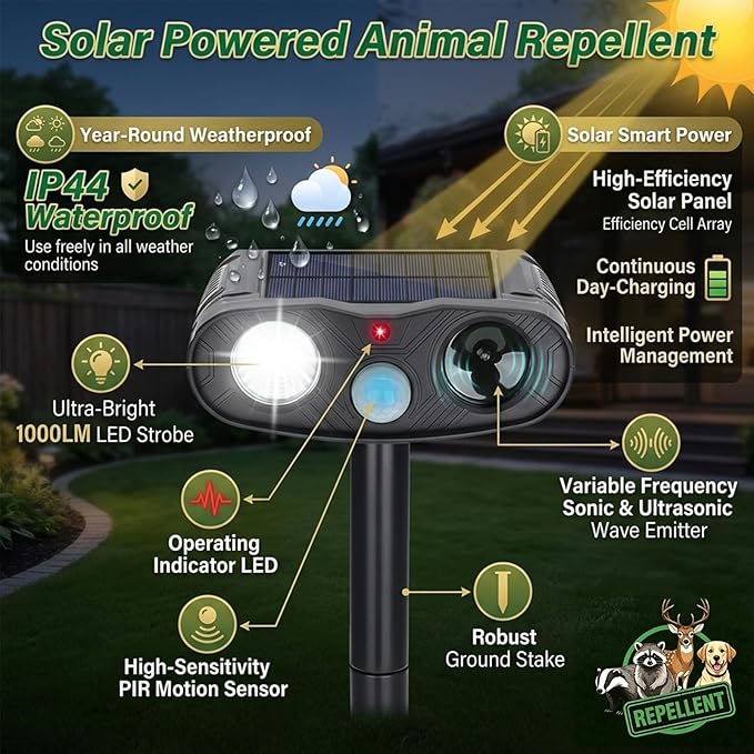 2026 Solar Ultrasonic Cat Repellent, Deer Repellent Devices Outdoor, 4Pack Solar Animal Repeller Motion Detection Cat Squirrel Dog Repellent Deterrent with LED Flash Lights for Yard (Black)