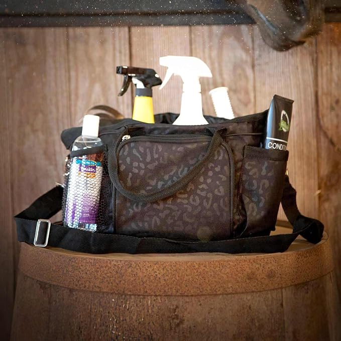 Jeffers Poplar Head Grooming Bag – Horse Grooming Organizer Tote with Pockets for Brushes, Tools, Clippers, Shampoo, Detangler – Stable Barn Kit Carrier for Horses, Pets, Livestock, Covert Cheetah