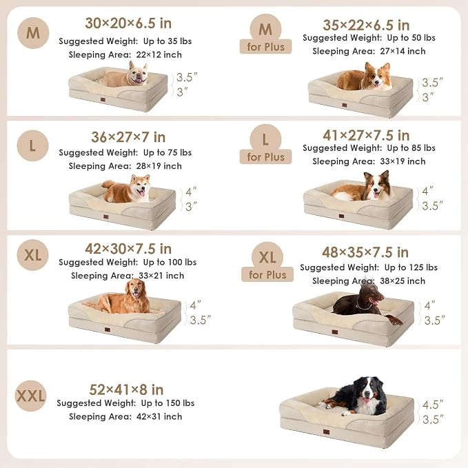 EHEYCIGA Orthopedic Dog Bed for Medium Dog, Memory Foam Dog Couch, Beige | 30x20 Inch Dog Sofa with Sides, Waterproof Liner & Washable Removable Cover, Bolster Pet Couch
