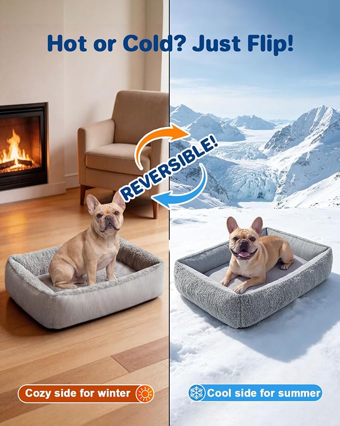 Cooling Dog Bed for Small Medium Dogs - Reversible Design (Ice‑Silk Cooling Layer | Sherpa Fleece Layer), Washable Cooling Mat for Dogs, Cats, Crates 24" × 15"