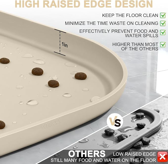 SMILOOL Waterproof Silicone Pet Food Mat with Raised Edge for Dog & Cat | 36" x 24" Non-Slip Large Pet Feeding Mats with Lip for Food & Water Bowl, Food Grade, Easy Cleaning, Beige