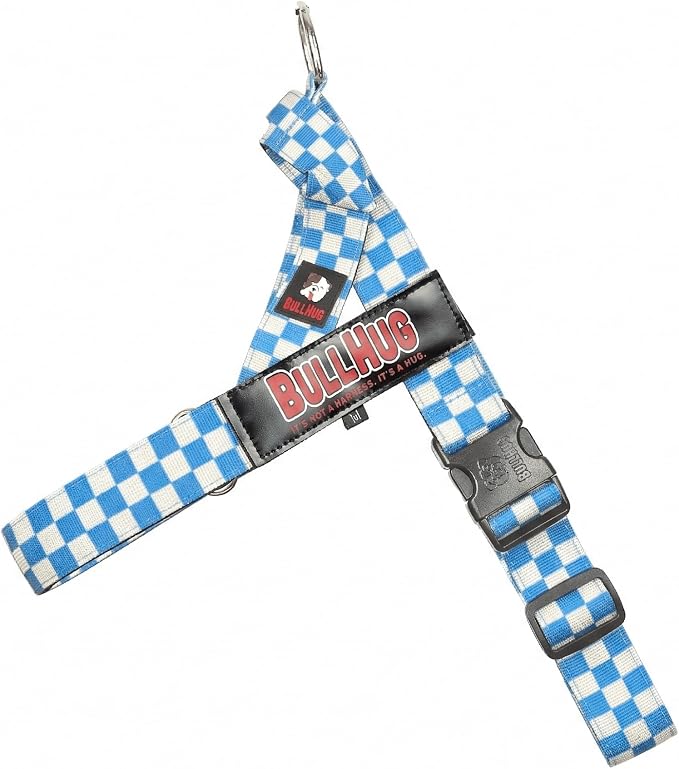 Adjustable Dog Harness– No Pull, No Choke – for English Bulldogs, French Bulldogs, Pugs & Broad-Chested Breeds – Easy, Safe Walks (Blue Checkers, Medium)