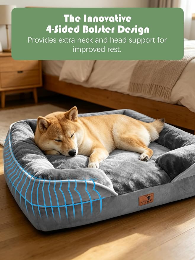 Spotted Play Orthopedic Dog Bed with Sides - Dog Sofa Beds for Medium Dogs, Supportive Foam Pet Couch Bed with Washable Removable Cover, Waterproof Lining and Non-Slip Bottom, Grey - M
