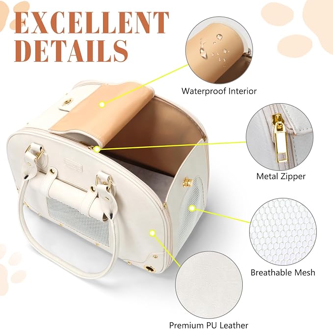 Dog Carrier Purse, Pet Carrier, Waterproof Premium Leather Pet Travel Portable Bag for Cat and Small Dog Home & Outdoor Medium Beige