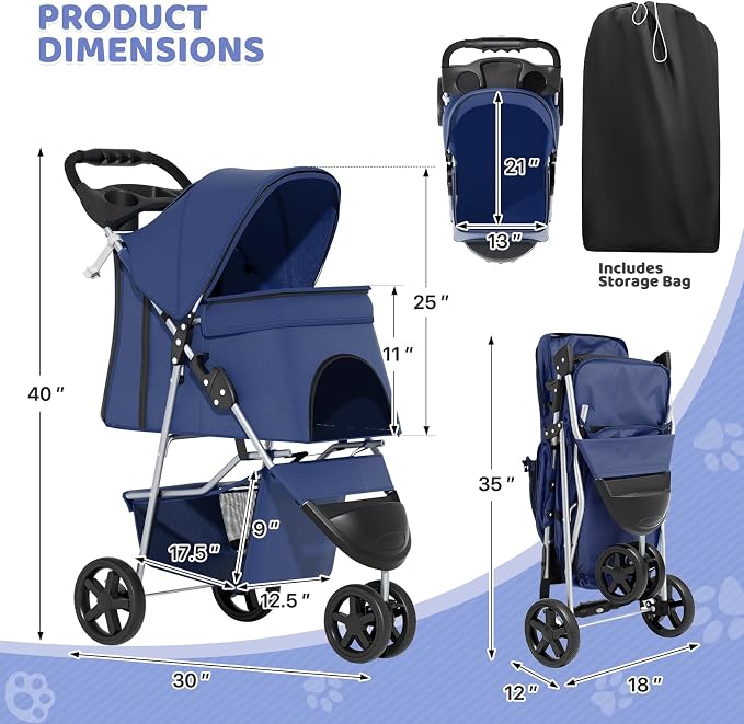 Magshion 3-Wheel Pet Stroller for Small/Medium Dogs Cats, Up to 33lbs, Navy | Foldable Travel Jogger w/ Breathable Mesh Cover, Lightweight Design, Safety Tethers, Cup Holder & Storage Basket