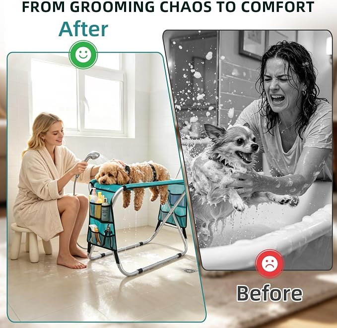 Dog Grooming Hammock with Stand, Dog Grooming Table for Senior Dogs Bath | 50 lbs Capacity, Ground Support Design, Heavy-Duty Aluminum Frame, Breathable Washable Mesh, Foldable Storage, Turquoise