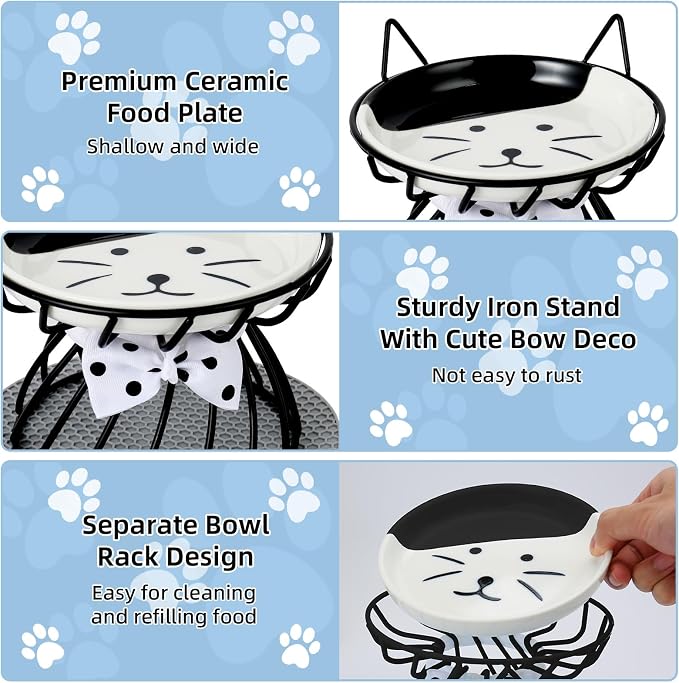 Set of 2 Elevated Ceramic Cat Bowls, Detachable, Black | Detachable Design Easy Cleaning Whisker Friendly Non-Slip Base Premium Ceramic