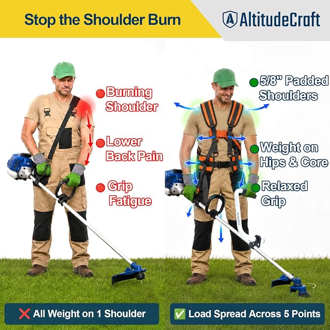 Adjustable Weed Eater Strap, Padded 5-Point Trimmer Harness | Hi-vis orange weed wacker strap harness for string trimmers and brush cutters. Designed for left- or right-handed use.