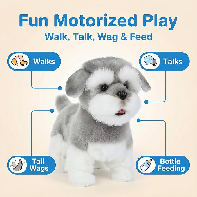 CU-MATE Plush Interactive Simulation Dog-Realistic Puppy Electronic Toy Dog Cat with Walking/Barking/Wagging Tail/Talking-Like Real Robotic Present (Electric Schnauzer)