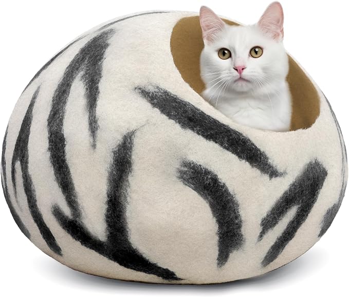 Luxurious Merino Wool Cat Cave - Foldable Hideaway Pod for Indoor Cats - Premium Felt Kitten Pet Enclosure - Covered Cat House for Ultimate Cozy Comfort by Woolygon (Zebra)