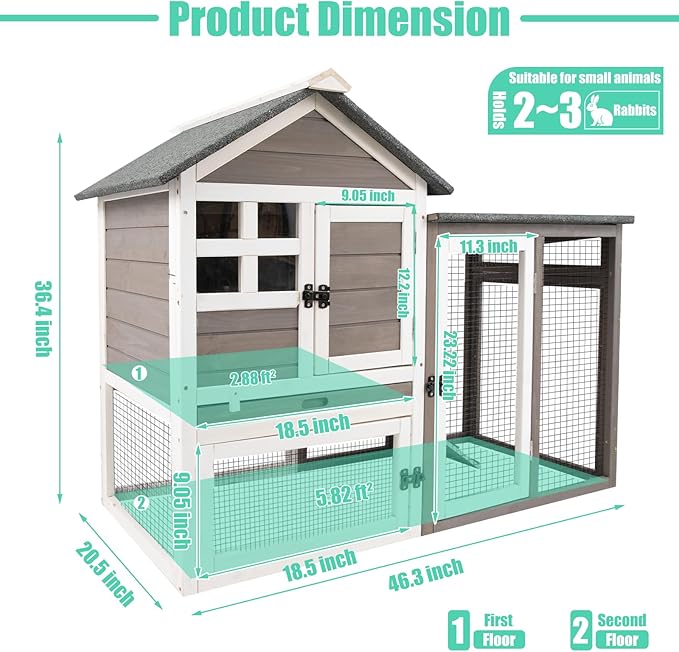 Gowoodhut 48" L Rabbit Hutch Indoor Outdoor Rabbit Cage with Run, Pull Out Tray, Asphalt Roof Large 2 Story Bunny Hutch Wooden Chicken Coop Guinea Pigs Pet House Cage for Small Animals(Grey)