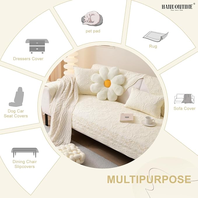 HANDONTIME Cotton Couch Cover for Dogs Breathable & Pet-Friendly Sofa Cover, Embroidery Dog Couch Cover Elegant Floral Quilted Slipcover, Non-Slip Washable Furniture Protector (Ivory, 35.4" x 94.5")