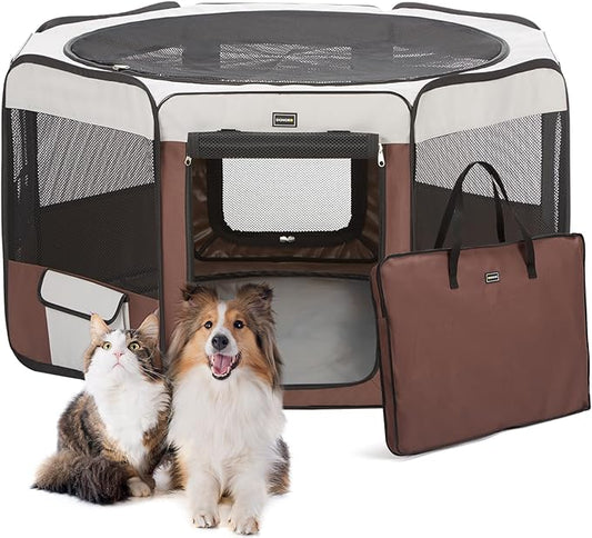 Dog Playpen Portable Pet Play Pens for Small Dog/Cat/Rabbit/Chicks, Cat Playpen Indoor/Outdoor with Carring Case, Removable Zipper Top and Bottom (Brown, Medium (35"x35"x20"), 8)