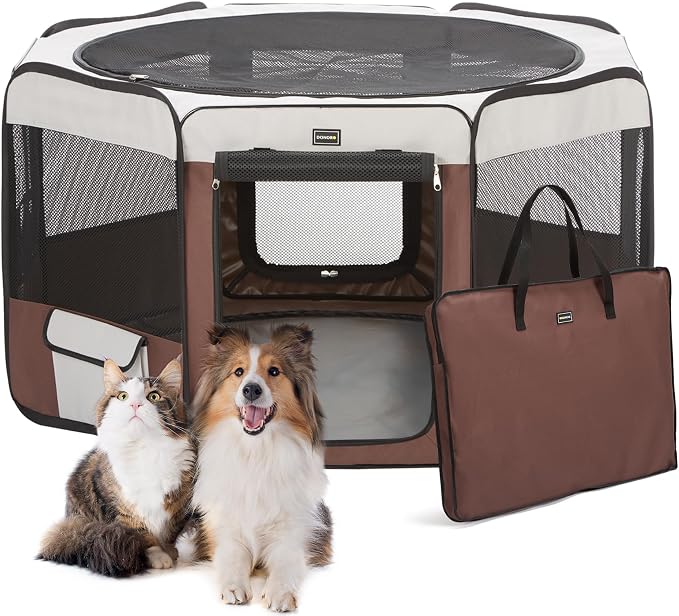 Dog Playpen Portable Pet Play Pens for Small Dog/Cat/Rabbit/Chicks, Cat Playpen Indoor/Outdoor with Carring Case, Removable Zipper Top and Bottom (Brown, Small (28"x28"x14"), 8)