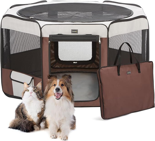 Dog Playpen Portable Pet Play Pens for Small Dog/Cat/Rabbit/Chicks, Cat Playpen Indoor/Outdoor with Carring Case, Removable Zipper Top and Bottom (Brown, Small (28"x28"x14"), 8)