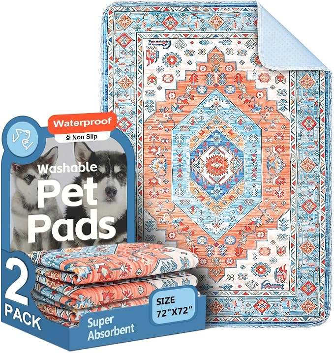 Washable Pee Pads for Dogs, 2 Pack Reusable Puppy Training Pads 72"x72" Super Absorbent Waterproof Dog Training Pads, Non-Slip Potty Pads, Whelping Pads Litter Mat Orange/Mix