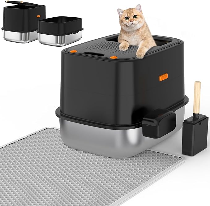 WoofiGo Enclosed Stainless Steel Cat Litter Box with Lid, XL Extra Large Litter Box for Big Cats, Metal Litter Pan High Sided, Never Absorbs Odors, Anti-Urine Leakage, Include Scoop (V-Black)