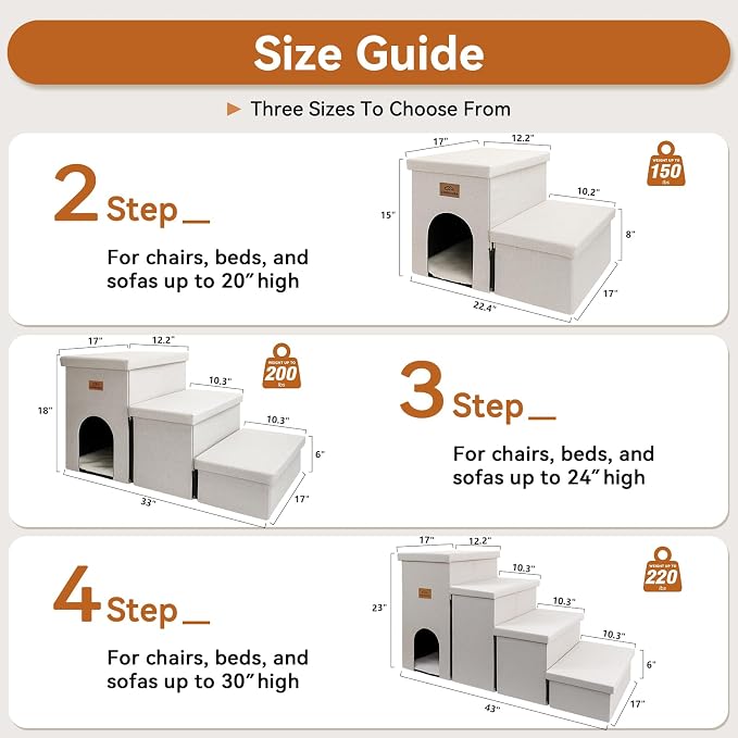 Zerbuger Dog Stairs with Storage, Beige 2 Steps Dog Ramp with Condo for Bed | 15" H Wider Dog Steps for Beds Couch, Folding Storage Pet Stairs Gift for Climbing Small/Medium/Large Old Dogs Cats