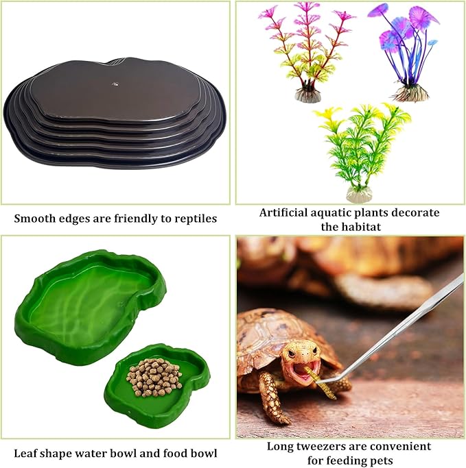 Reptile Bathing Pool 7 Pcs Tortoise Water Dish with Ramp Extra Large Turtle Feeding Bowl with Steps Reptile Food & Water Dishes 2-in-1 Gecko Habitat Decoration Accessories Lizard Bath Tub