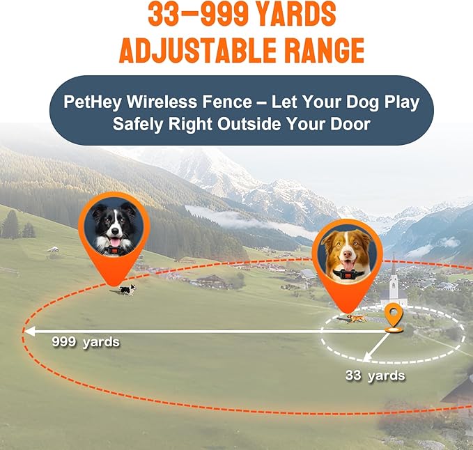 GPS Dog Collar Fence. IPX7 Waterproof Perimeter Dog Collar. 33-999yard Adjustable Range. Vibration and Electric Shock Collar for Dogs.Wireless Dog Fence Outdoor for Yard & Indoor Use