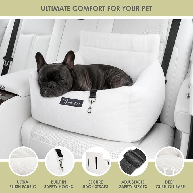 NANDOG Luxury Dog Car Seat Bed for Medium Dogs, Cloud Ultra Plush Pet Seat with Removable & Washable Cushion Insert, Thick Safety Seatbelt Straps, Secure Travel Carrier, Pearl White, 22" L x 18" W