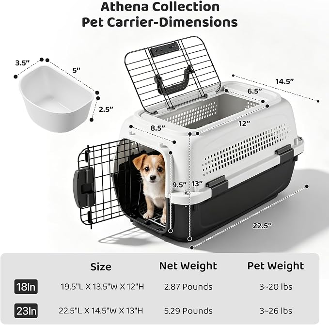 Athena Collection 23" Hard-Sided Pet Carrier with Food Bowl, Grey | Hard-Sided Protection with Top & Front Door Access, 4-Sided Ventilation for Small Dogs and Cats up to 26 LbS