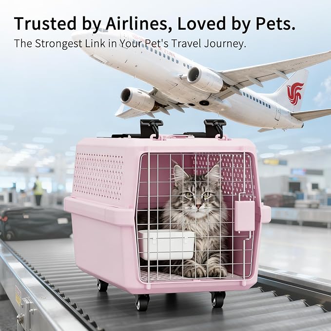 RIZZARI Pink Pet Carrier with Wheels for Cats and Small Dogs Up to 25 Lbs, Top Opening Hard-Sided Cat Carrier, Rolling Travel Kennel with Pull Strap, Feeding Bowl, Metal Door and Ventilated Design
