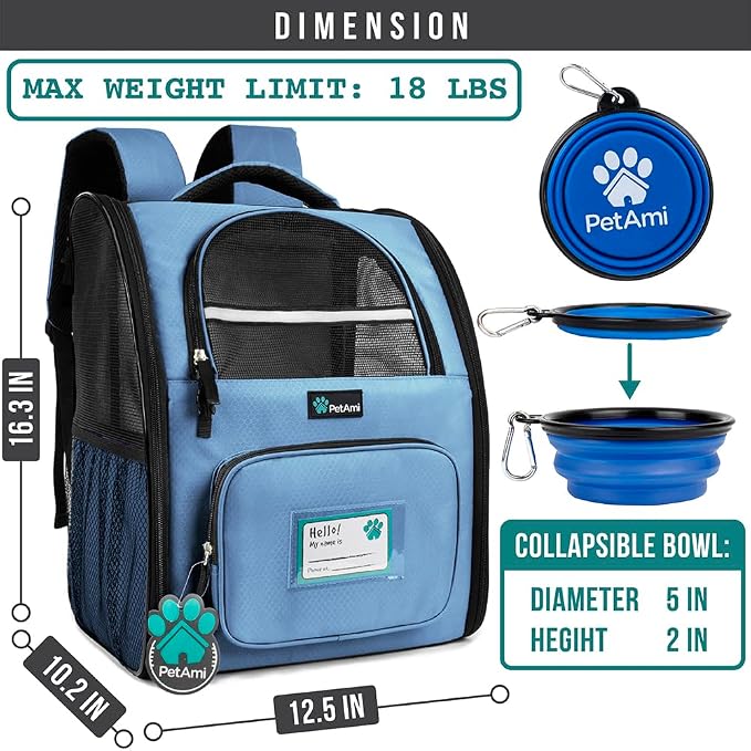 PetAmi Dog Backpack Carrier Airline Approved Cat Pet Puppy Bag, Light Blue | Ideal for Small Medium Large Pet up to 18 lb, 2 Side Entry Structured No-Collapse Frame, Ventilated Bookbag for Hiking Travel