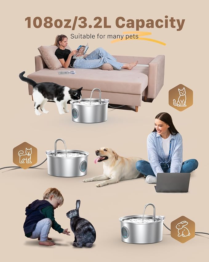 Cat Fountains for Drinking Stainless Steel: 108oz/3.2L Cat Water Fountain with 6 Filters + 3 Sponges - Running Pet Water Fountain Filtered - GIOTOHUN Faucet Like Pet Water Fountains for Cats Indoor