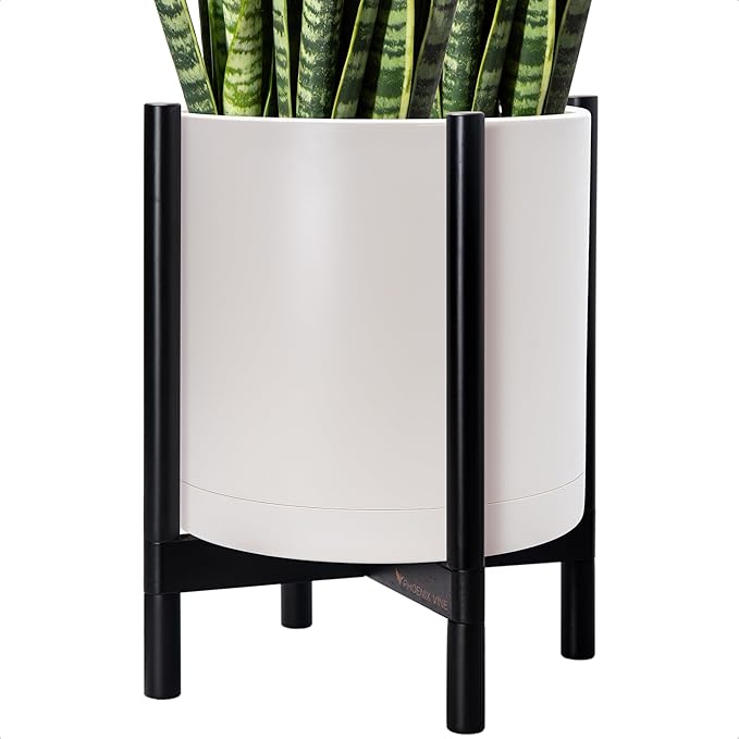 D'vine Dev Plastic Pot with Ebony Wood Stand, Oatmeal, 16 in, 55-C-Z-4 | Mid-Century Inspired Design, Elevated Plant Display, Clean Lines, Sturdy Support, Modern Space-Saving Style