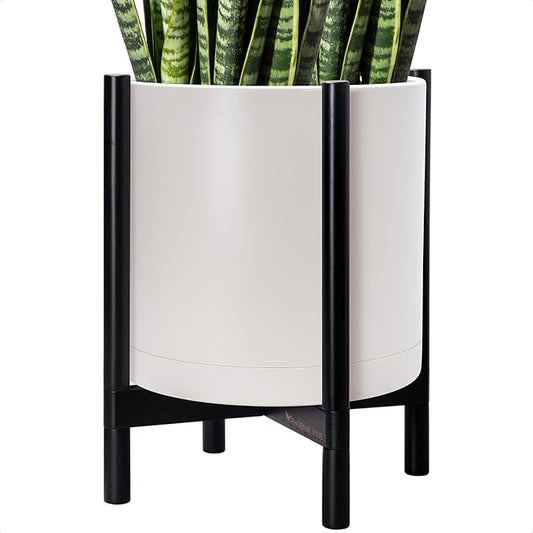 D'vine Dev Plastic Pot with Ebony Wood Stand, Oatmeal, 16 in, 55-C-Z-4 | Mid-Century Inspired Design, Elevated Plant Display, Clean Lines, Sturdy Support, Modern Space-Saving Style