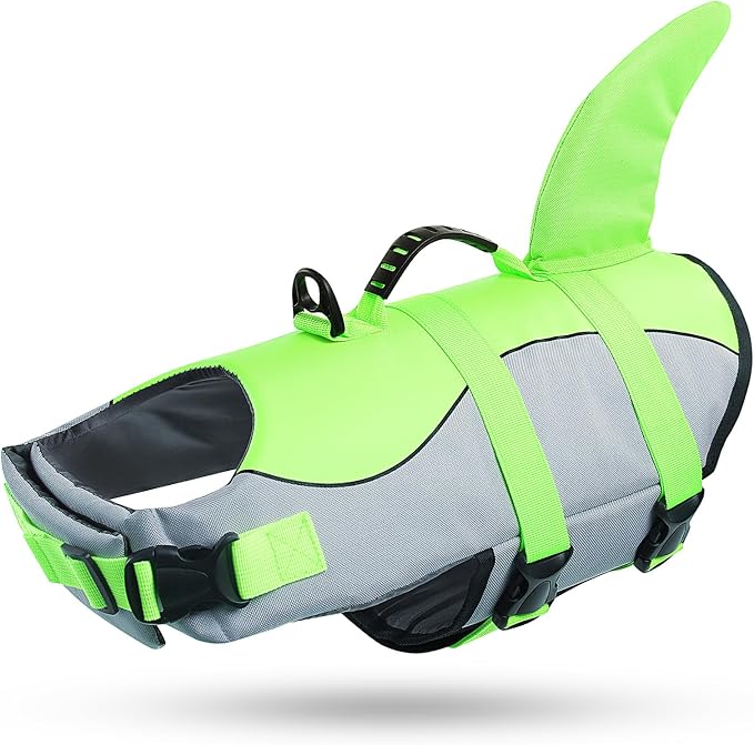 Dog Life Jacket Ripstop Shark Dog Safety Vest Adjustable Preserver with High Buoyancy and Durable Rescue Handle for Small,Medium,Large Dogs, Green Shark Large