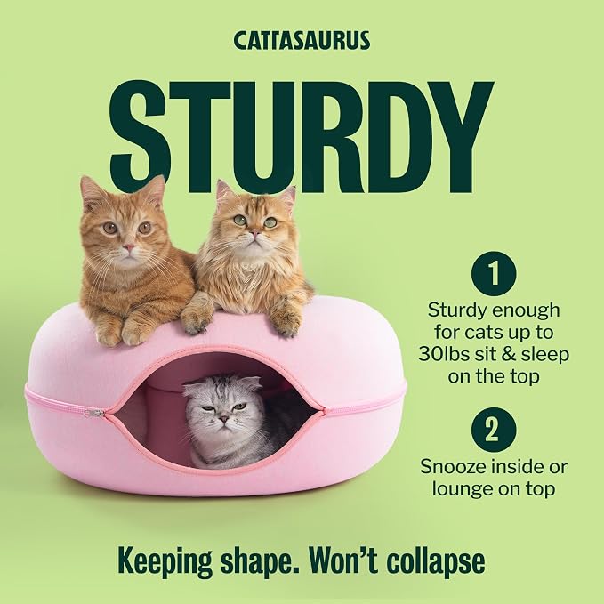 Peekaboo Cat Cave Donut for Multiple & Large Cats up to 30-45 lbs, 3-in-1 Self Warming Cat Bed, Tunnel & Scratcher for Indoor Cats, Washable & Detachable Small Dog Bed (Pink, Large)